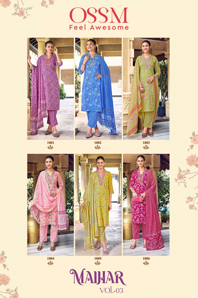 Ossm Malhar Vol 3 Cotton Printed Embroidery Work Party Wear Combo Set Of Kurti