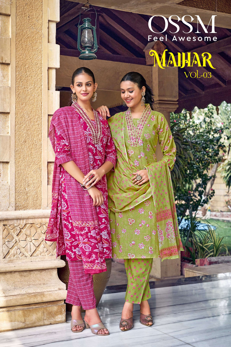 Ossm Malhar Vol 3 Cotton Printed Embroidery Work Party Wear Combo Set Of Kurti