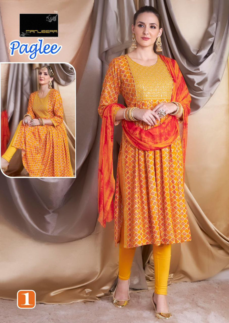 Manjeera Fashion Paglee Rayon Foil Prints Nyra Cut Fancy Kurti Combo Set