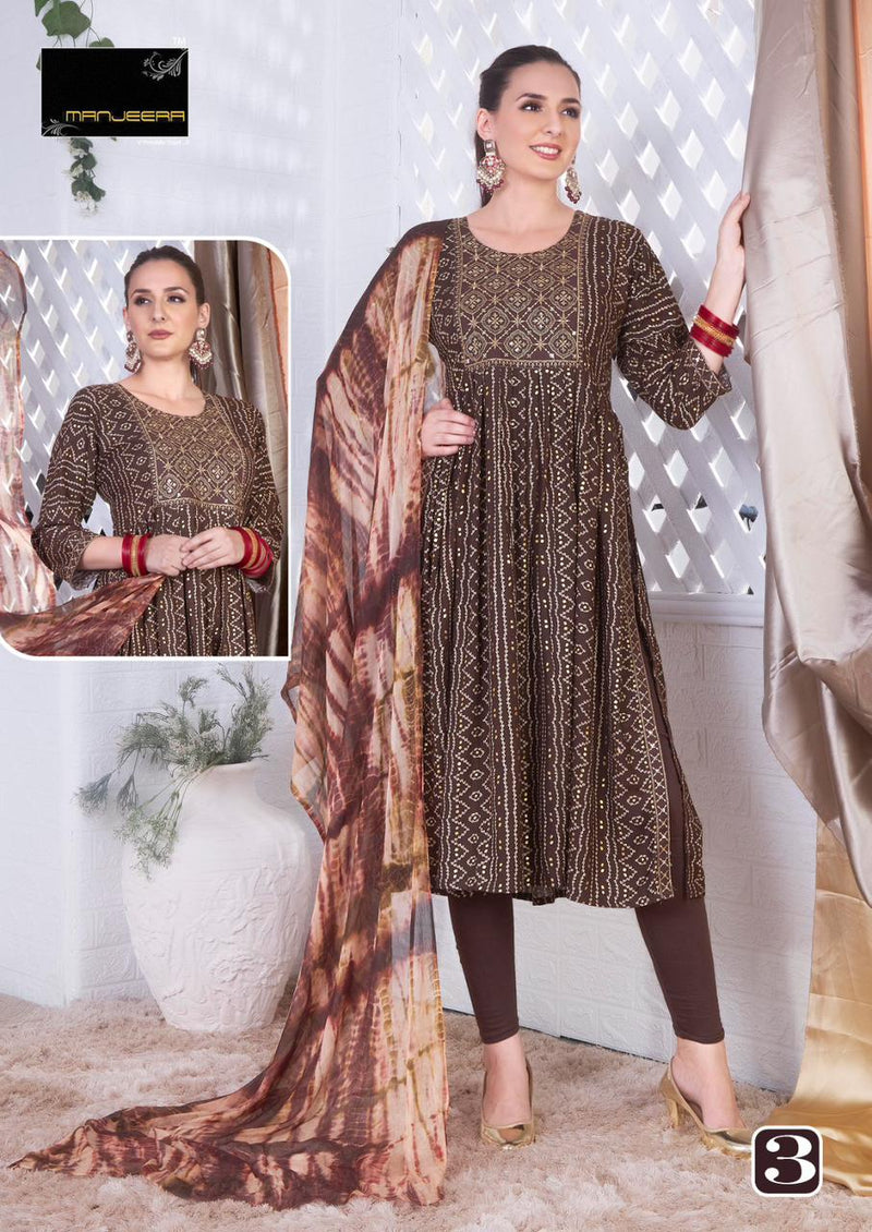 Manjeera Fashion Paglee Rayon Foil Prints Nyra Cut Fancy Kurti Combo Set