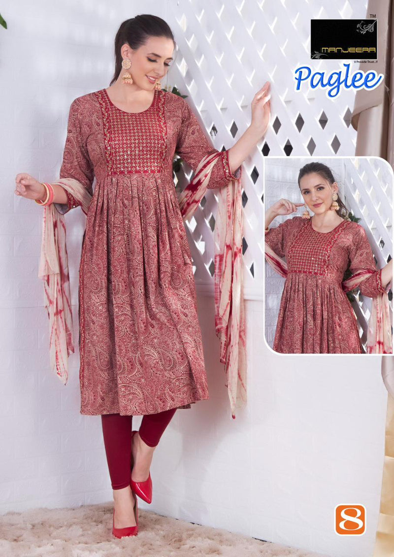 Manjeera Fashion Paglee Rayon Foil Prints Nyra Cut Fancy Kurti Combo Set