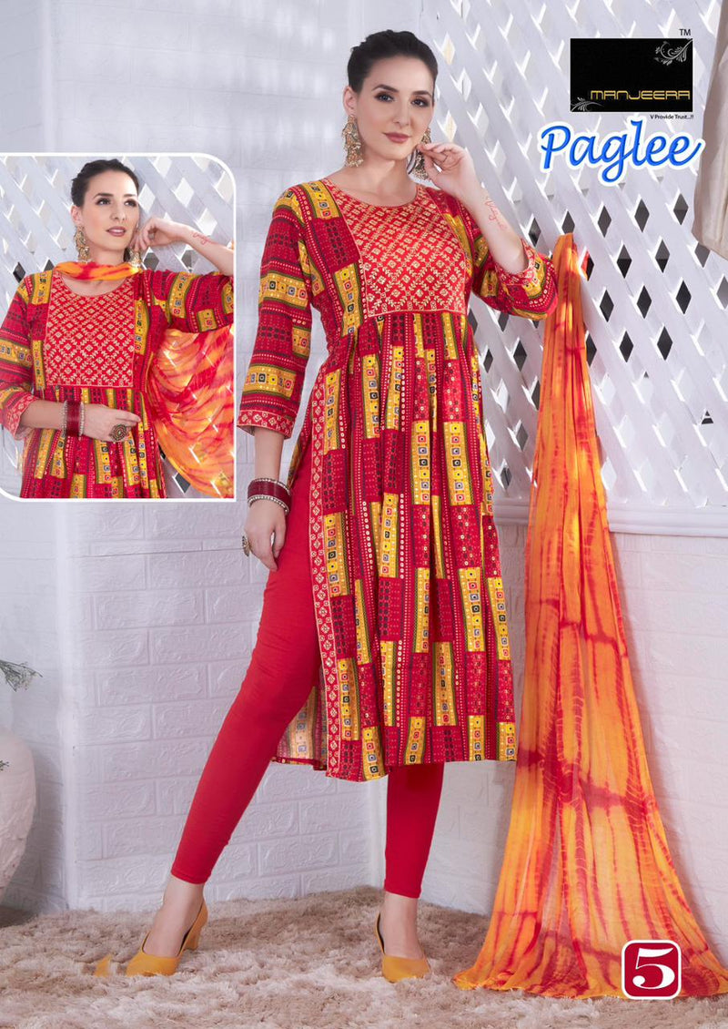 Manjeera Fashion Paglee Rayon Foil Prints Nyra Cut Fancy Kurti Combo Set
