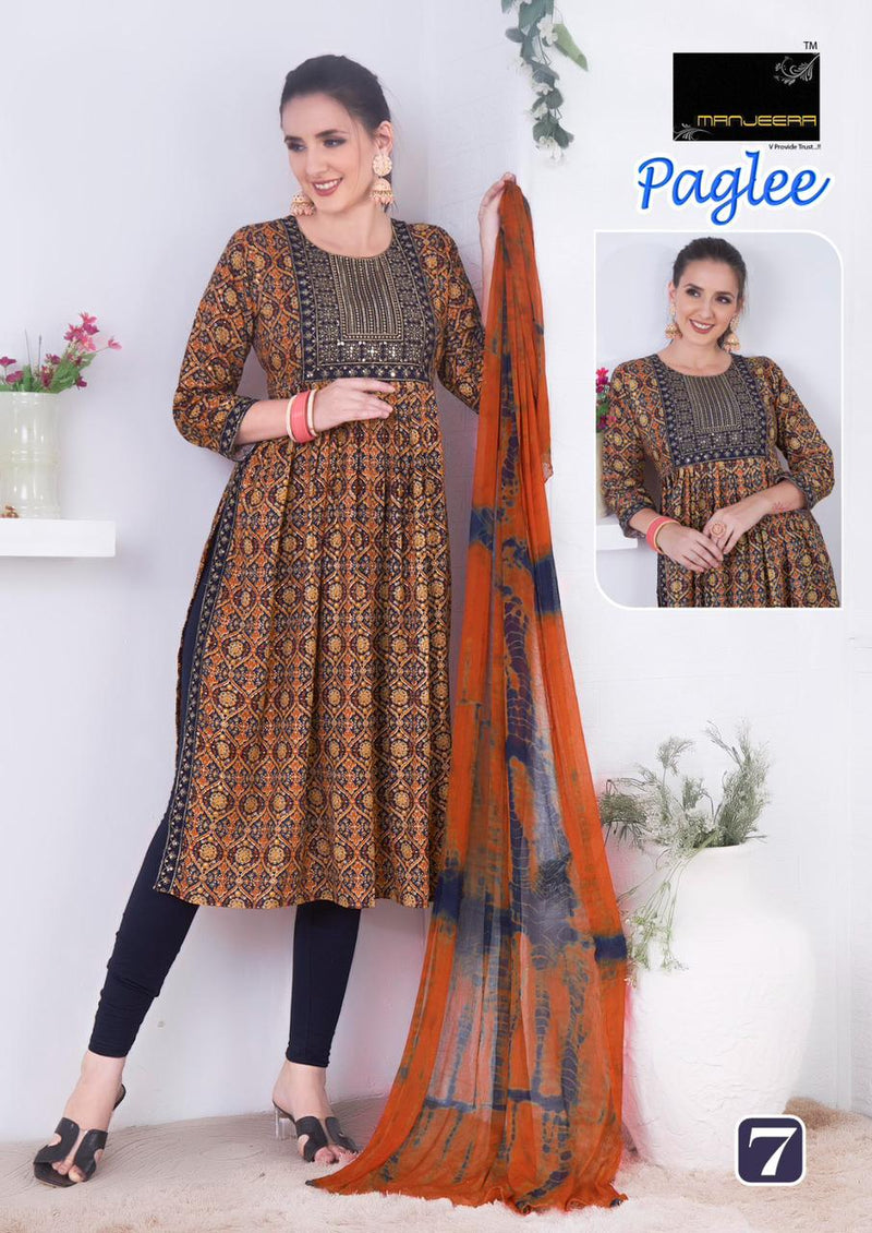 Manjeera Fashion Paglee Rayon Foil Prints Nyra Cut Fancy Kurti Combo Set