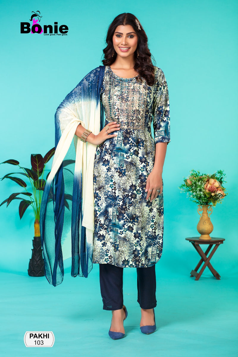 Bonie Pakhi Rayon Printed Fancy Kurti With Pant Collections