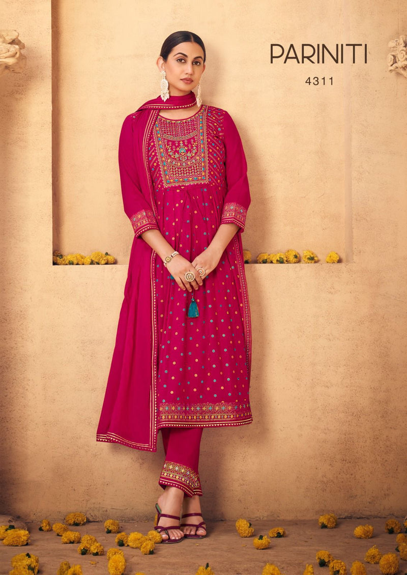 Rangoon Pariniti Rayon Print With Fancy Embroidery Work Naira Style Kurti Combo Set