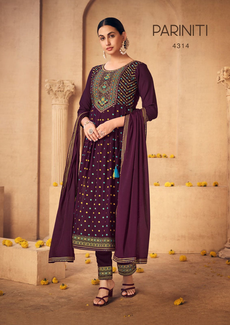 Rangoon Pariniti Rayon Print With Fancy Embroidery Work Naira Style Kurti Combo Set