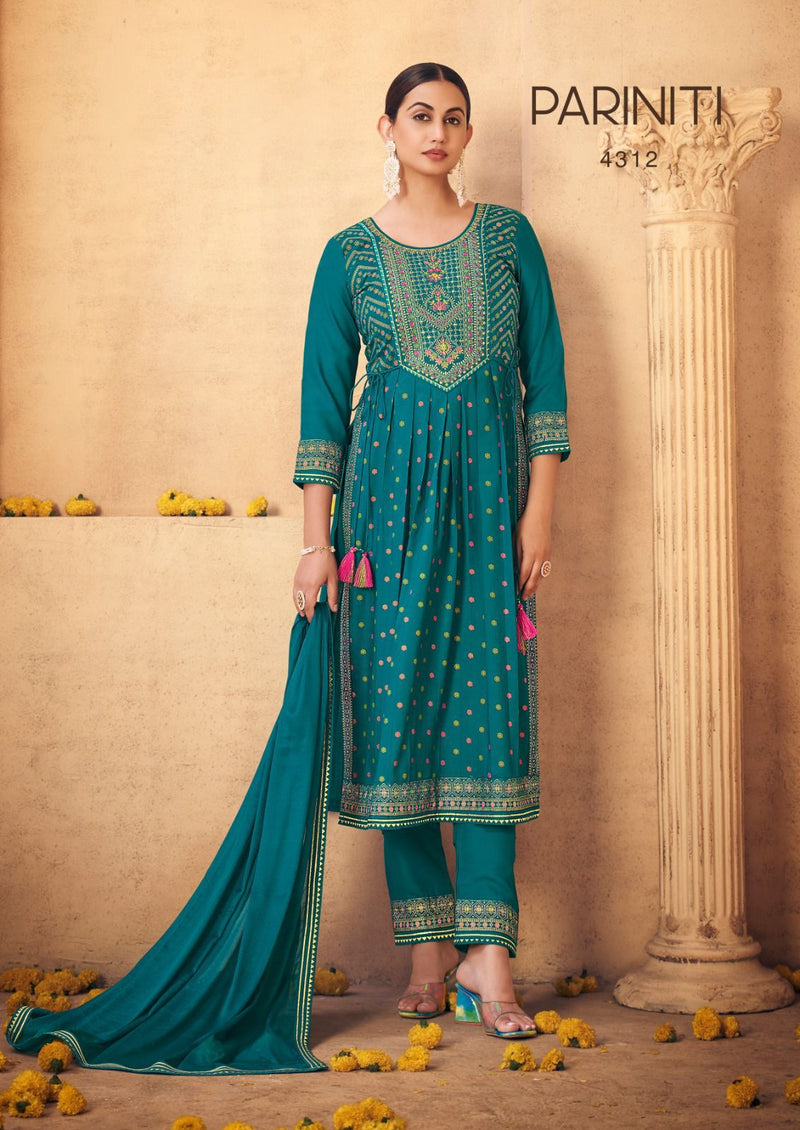 Rangoon Pariniti Rayon Print With Fancy Embroidery Work Naira Style Kurti Combo Set