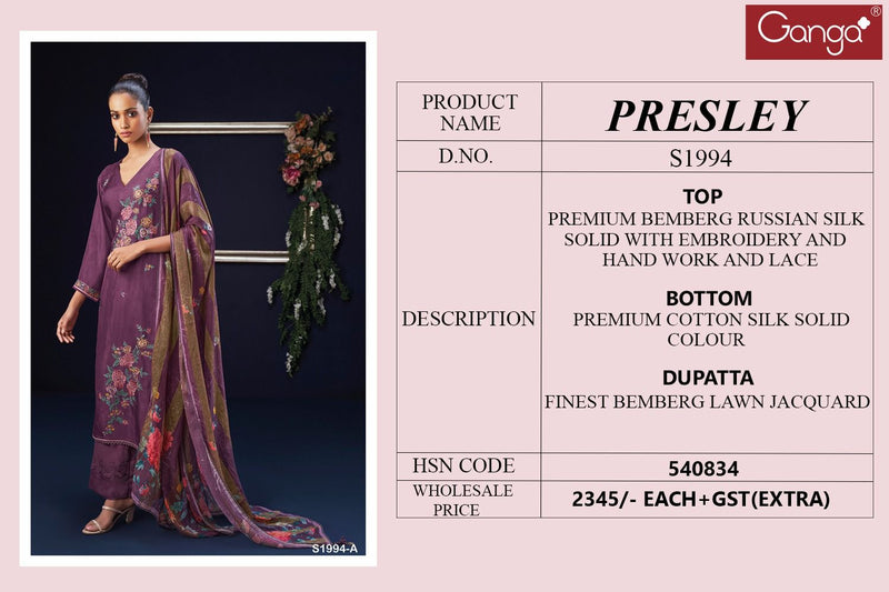 Ganga Presley 1994 Silk With Embroidery Fancy Salwar Suits