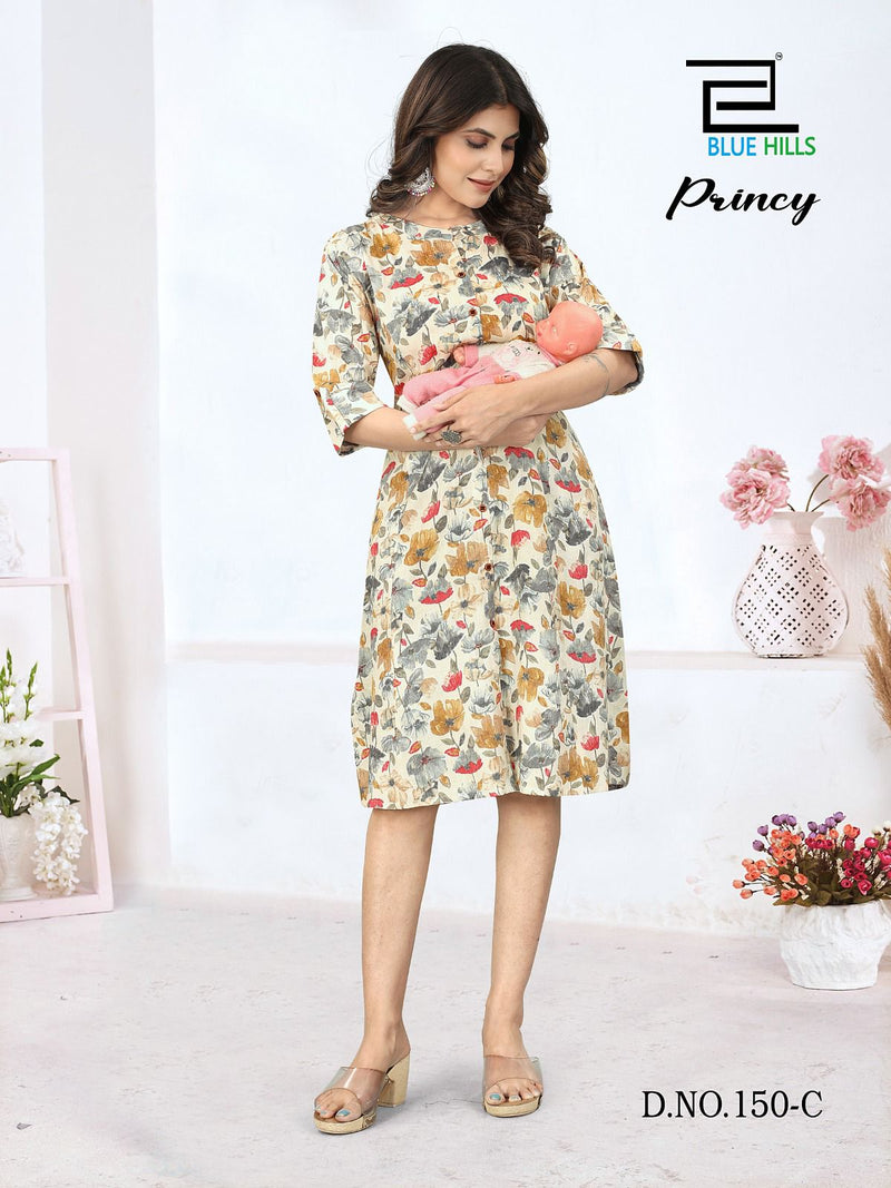 Blue Hills Princy Rayon Fancy Prints Feeding Pattern Kurtis