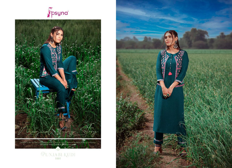 Psyna Punjabi Kudi Rayon Fancy Kurtis With Hand Work Jackets And Bottom