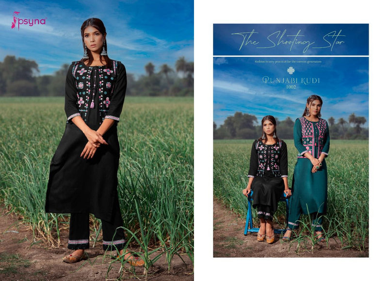 Psyna Punjabi Kudi Rayon Fancy Kurtis With Hand Work Jackets And Bottom