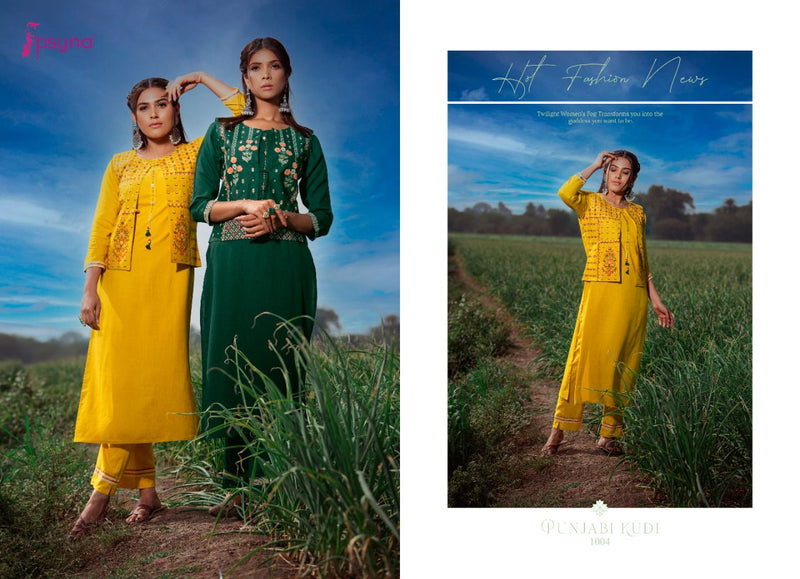 Psyna Punjabi Kudi Rayon Fancy Kurtis With Hand Work Jackets And Bottom