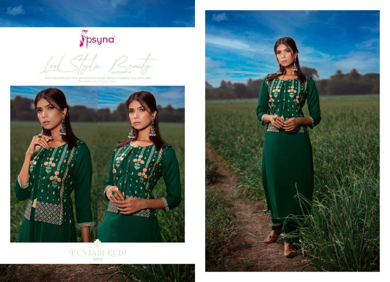 Psyna Punjabi Kudi Rayon Fancy Kurtis With Hand Work Jackets And Bottom