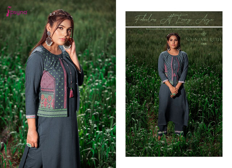 Psyna Punjabi Kudi Rayon Fancy Kurtis With Hand Work Jackets And Bottom