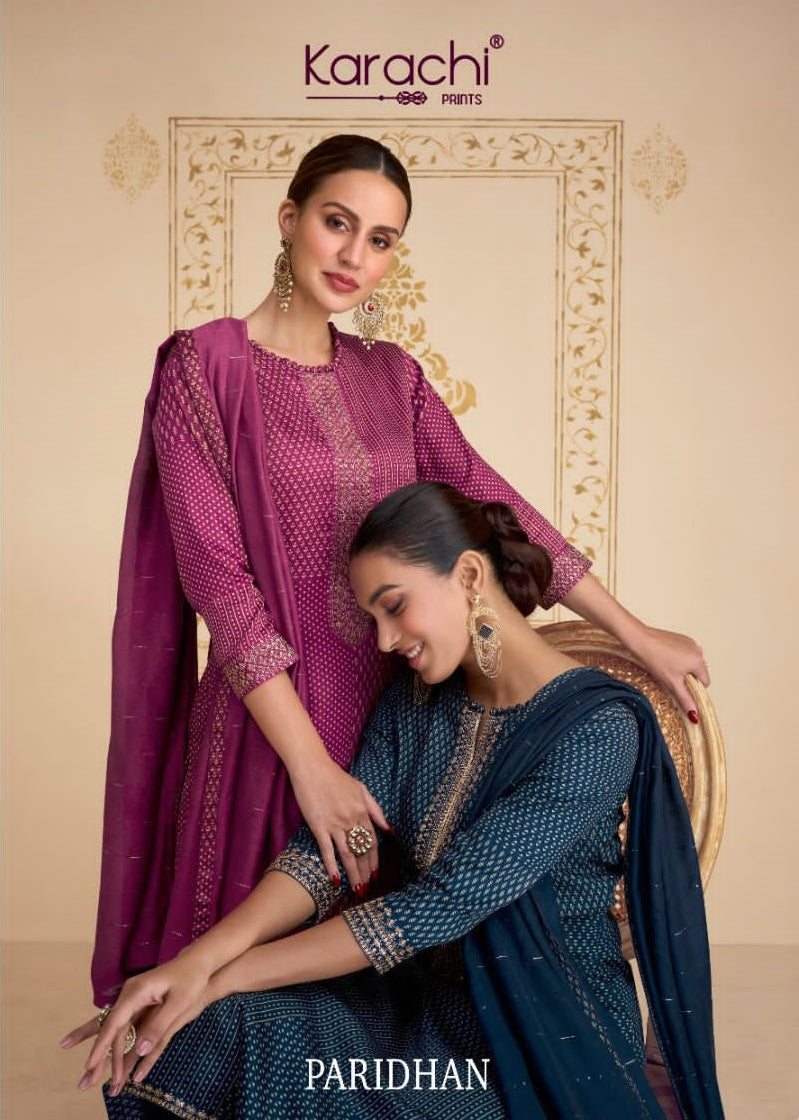Kesar Karachi Prints Paridhan Jam Satin Digital Print With Fancy Embroidery Work Suits