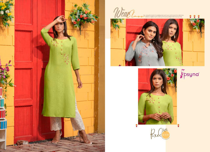 Psyna Pixel Rayon Slub Embroidery With Hand Work Designer Set Of Kurti
