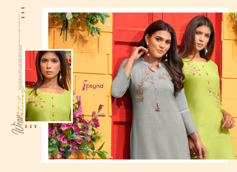 Psyna Pixel Rayon Slub Embroidery With Hand Work Designer Set Of Kurti