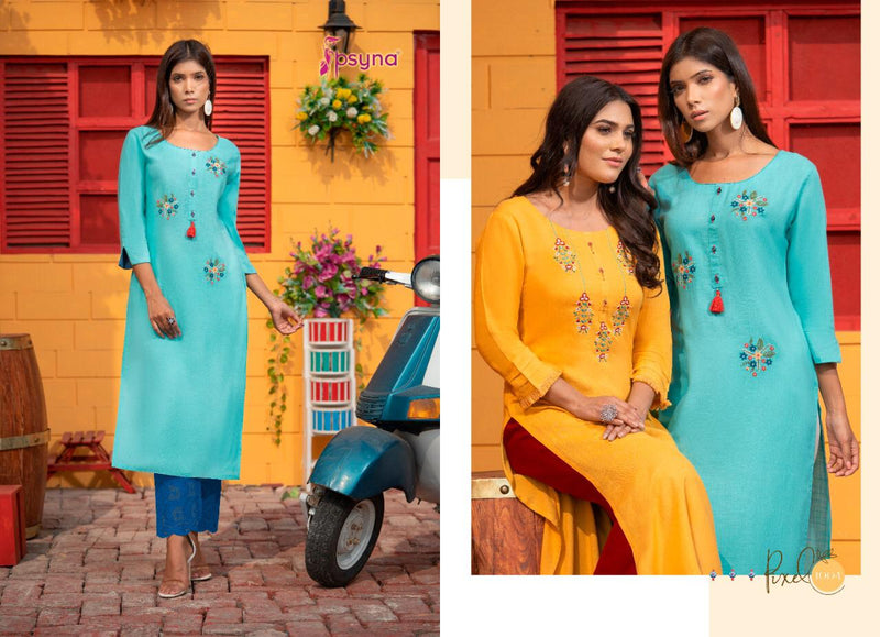 Psyna Pixel Rayon Slub Embroidery With Hand Work Designer Set Of Kurti