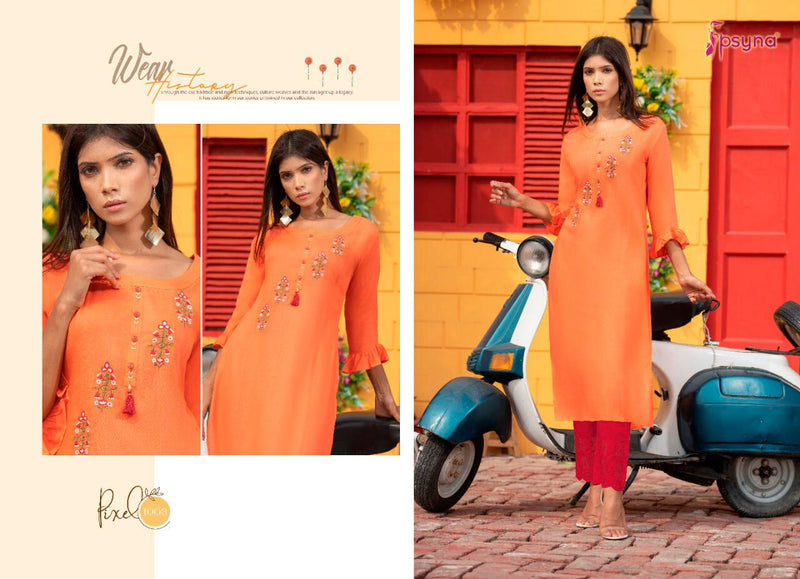 Psyna Pixel Rayon Slub Embroidery With Hand Work Designer Set Of Kurti