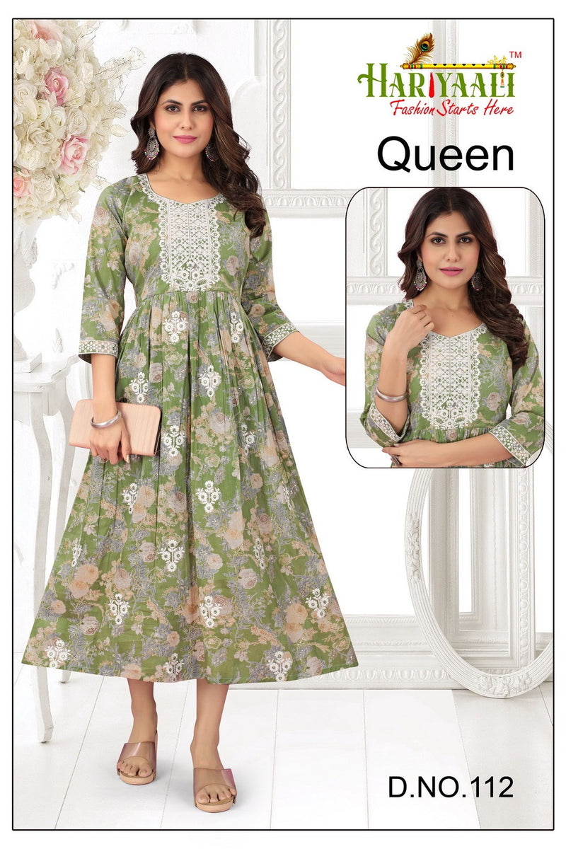 Hariyaali Queen Cotton Mal Foil Print With Fancy Neck Work Gown Kurtis