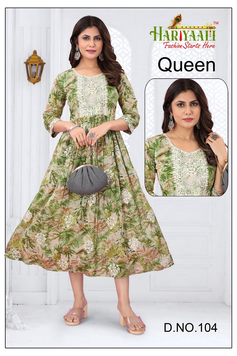 Hariyaali Queen Cotton Mal Foil Print With Fancy Neck Work Gown Kurtis
