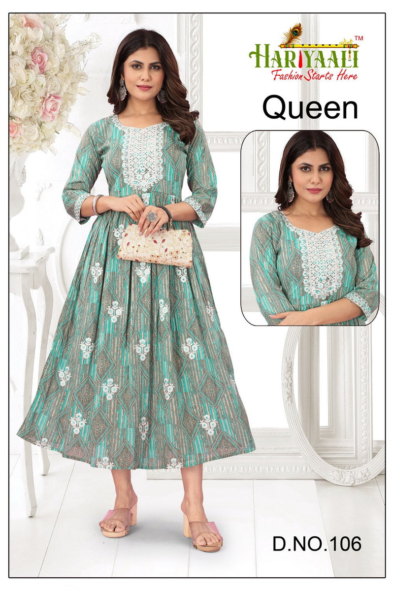 Hariyaali Queen Cotton Mal Foil Print With Fancy Neck Work Gown Kurtis