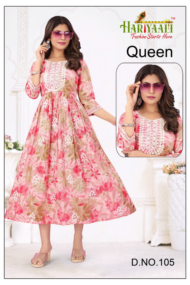 Hariyaali Queen Cotton Mal Foil Print With Fancy Neck Work Gown Kurtis