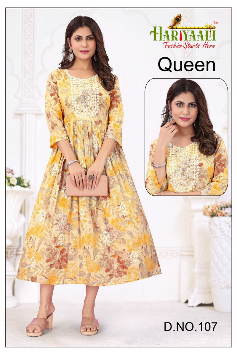 Hariyaali Queen Cotton Mal Foil Print With Fancy Neck Work Gown Kurtis