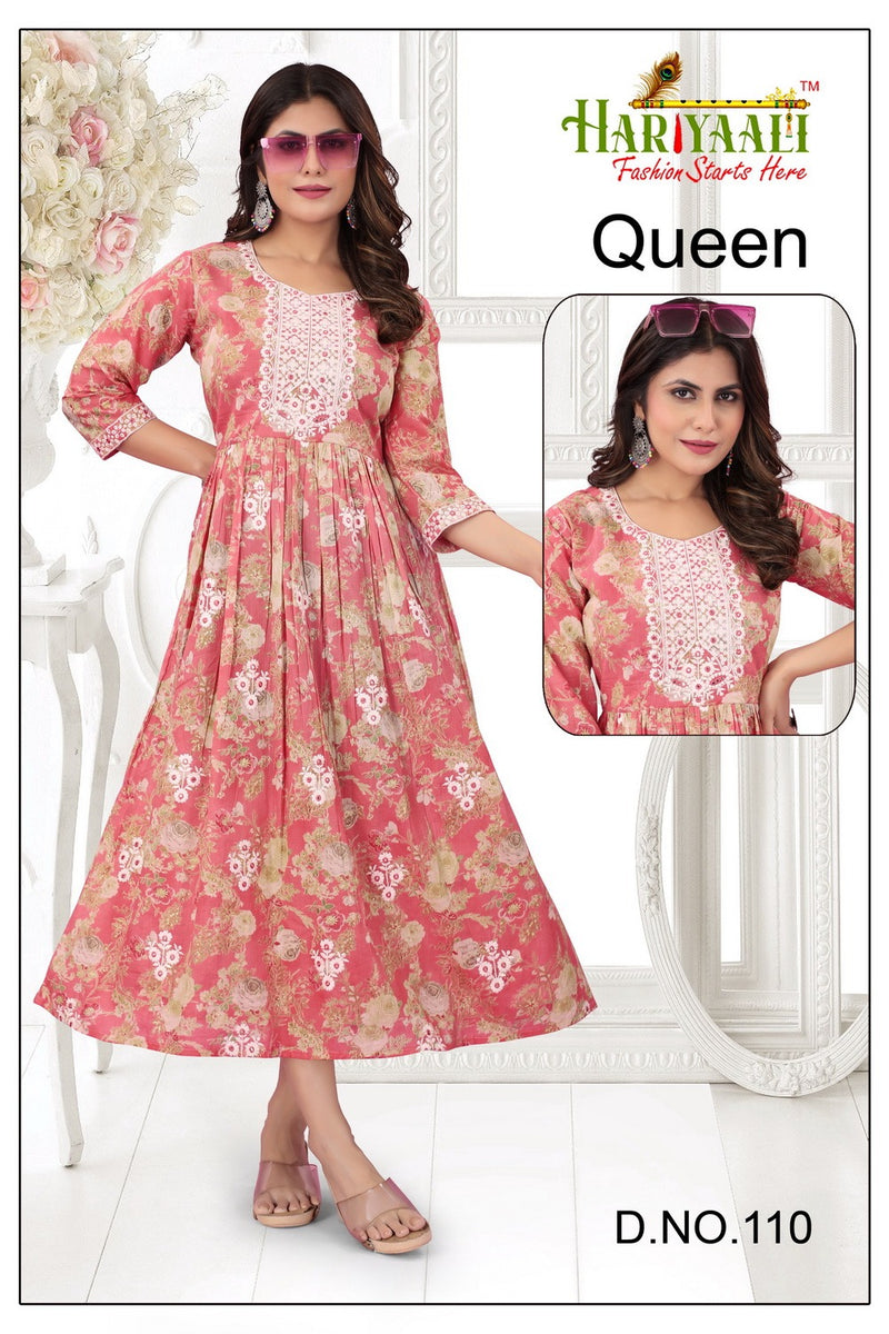Hariyaali Queen Cotton Mal Foil Print With Fancy Neck Work Gown Kurtis