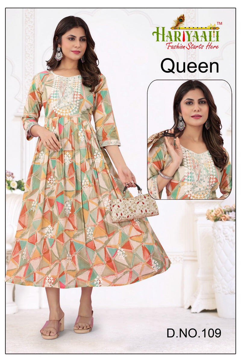 Hariyaali Queen Cotton Mal Foil Print With Fancy Neck Work Gown Kurtis