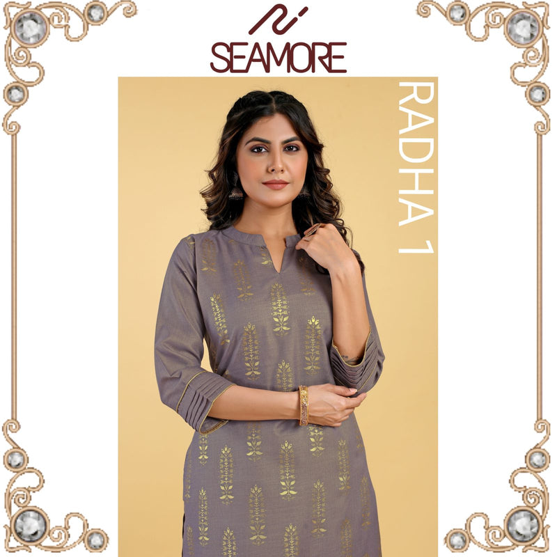 Seamore Radha Vol 1 Cotton Foil Printed Regular Wear Fancy Kurti With Pant