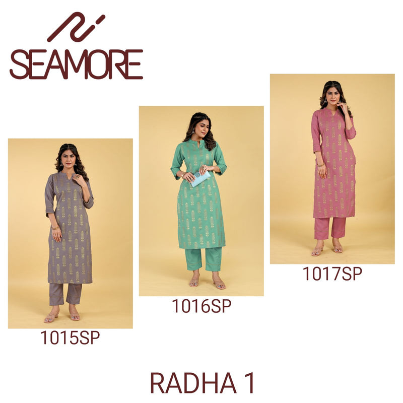 Seamore Radha Vol 1 Cotton Foil Printed Regular Wear Fancy Kurti With Pant