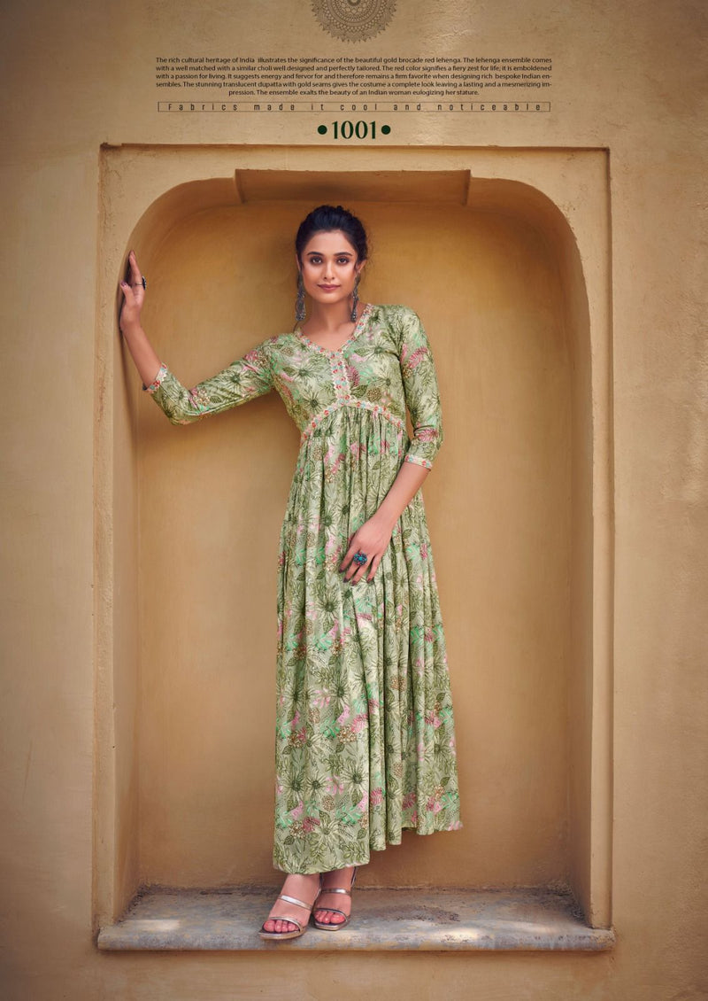 Vitara Fashion Raghini Printed Rayon With Fancy Designer Long Alia Cut Gowns