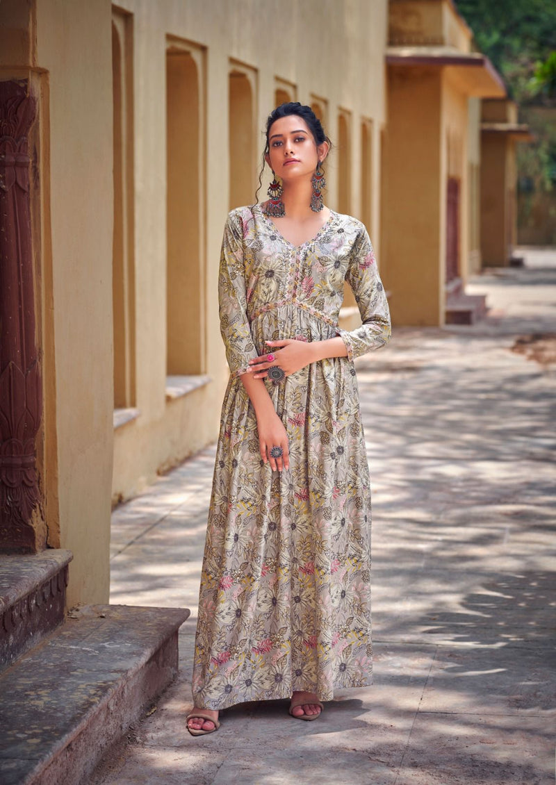 Vitara Fashion Raghini Printed Rayon With Fancy Designer Long Alia Cut Gowns