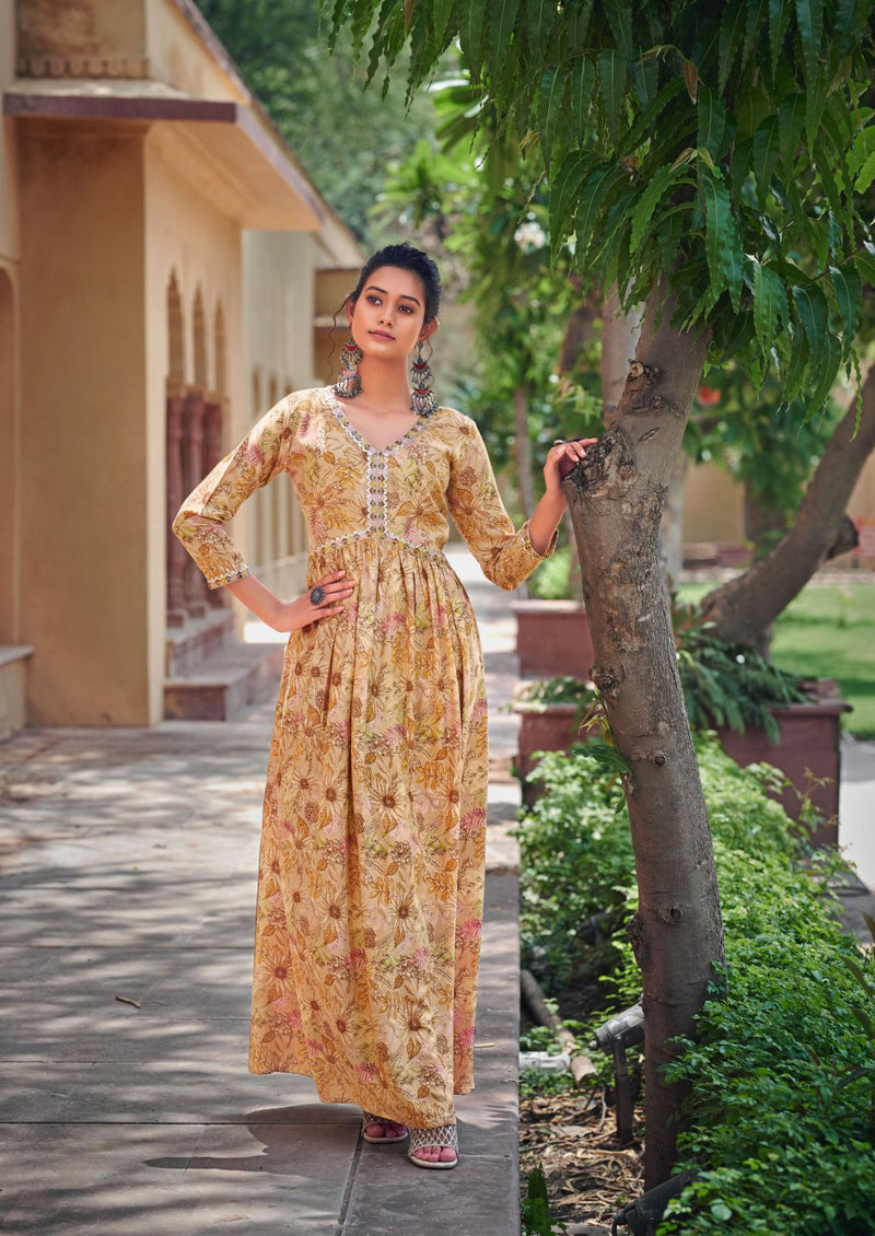 Vitara Fashion Raghini Printed Rayon With Fancy Designer Long Alia Cut Gowns