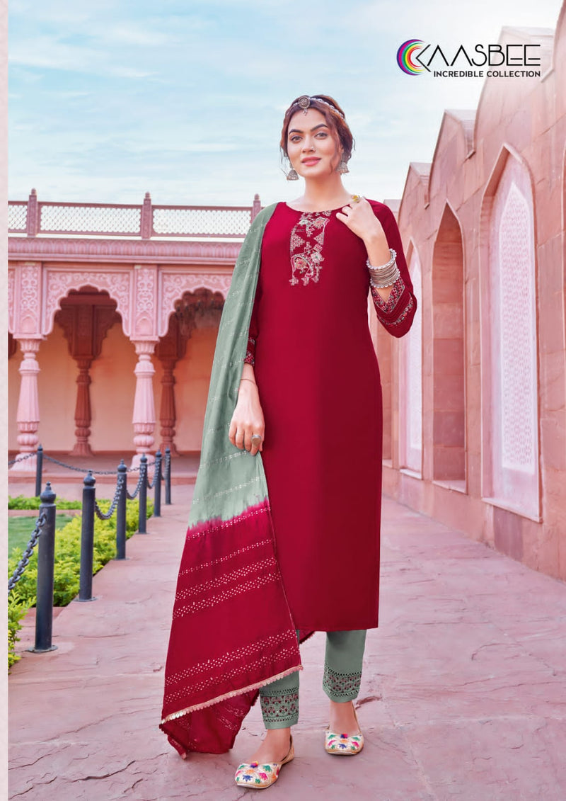 Kaasbee Rajwadi Vol 1 Viscose Embroidery Fancy Kurti Pant & Dupatta