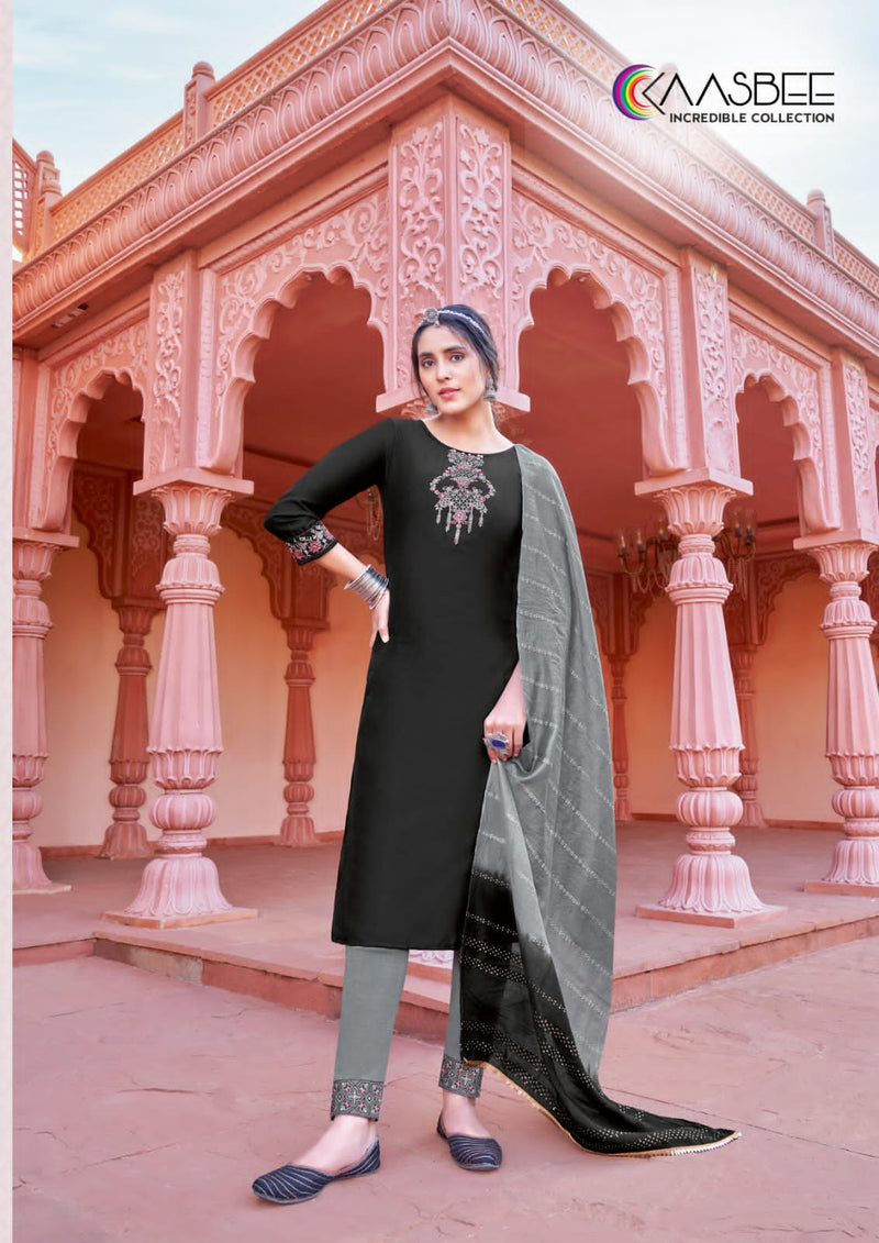 Kaasbee Rajwadi Vol 1 Viscose Embroidery Fancy Kurti Pant & Dupatta