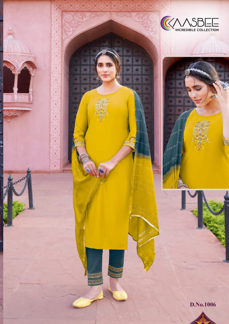 Kaasbee Rajwadi Vol 1 Viscose Embroidery Fancy Kurti Pant & Dupatta