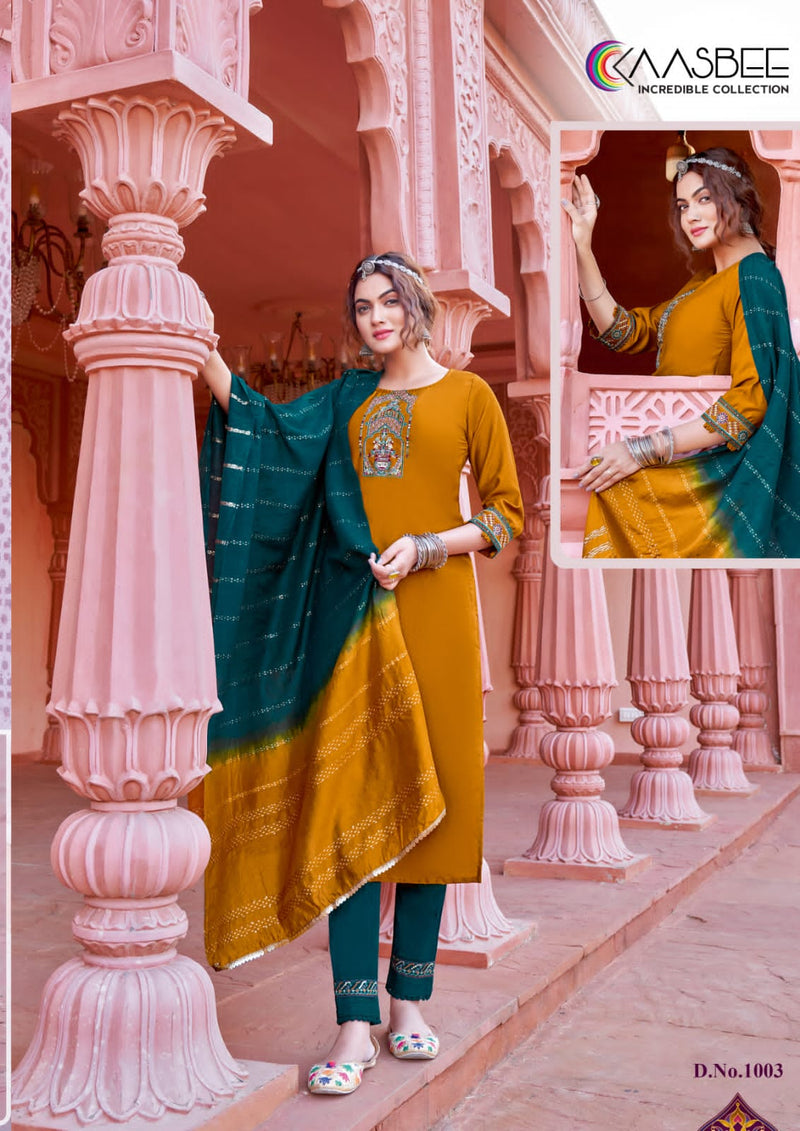 Kaasbee Rajwadi Vol 1 Viscose Embroidery Fancy Kurti Pant & Dupatta