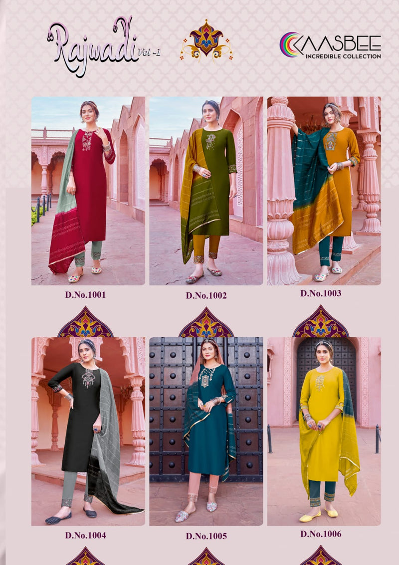 Kaasbee Rajwadi Vol 1 Viscose Embroidery Fancy Kurti Pant & Dupatta