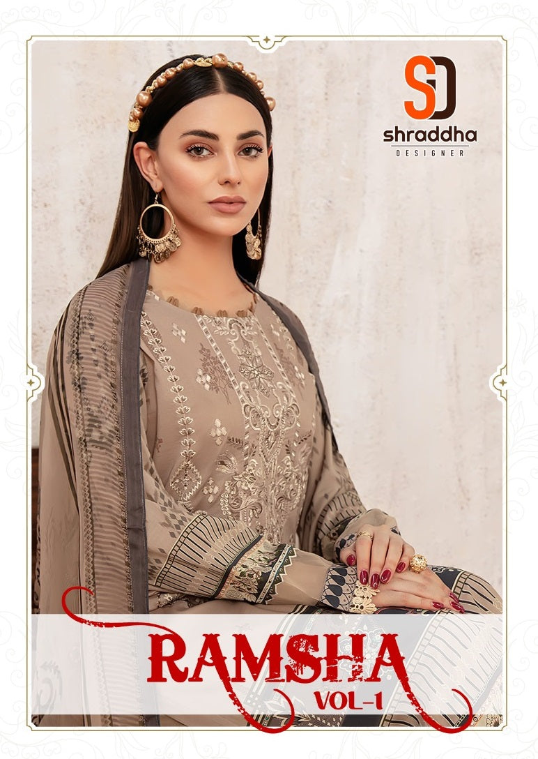 sharaddha Designer Ramsha Vol 1 Lawn Cotton Printed With Heavy Embroidery Work Suits