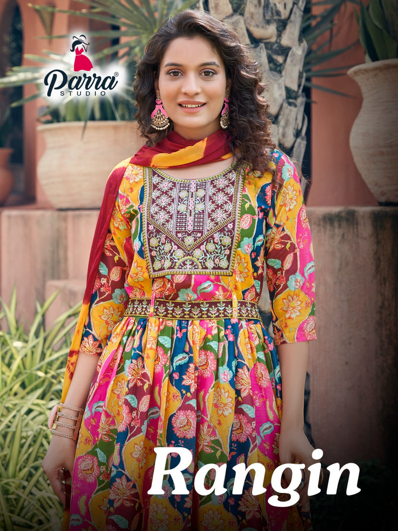 Parra Studio Rangin Vol 1 Muslin With Embroidery Work Naira Cut Kurti Collection