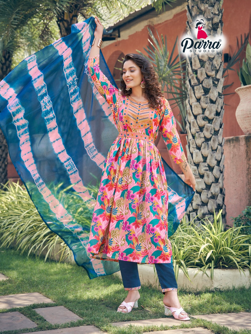 Parra Studio Rangin Vol 1 Muslin With Embroidery Work Naira Cut Kurti Collection