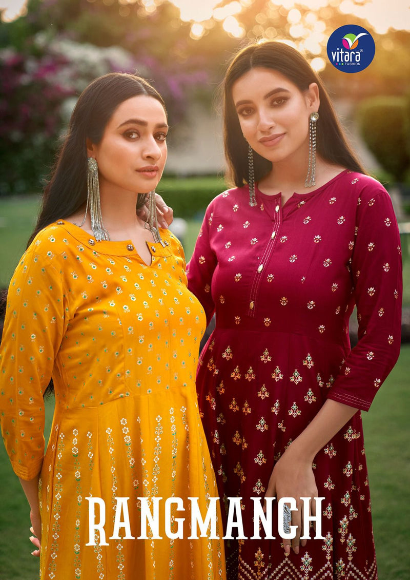 Vitara Fashion Rangmanch Rayon Foil Print Designer Fancy Gowns
