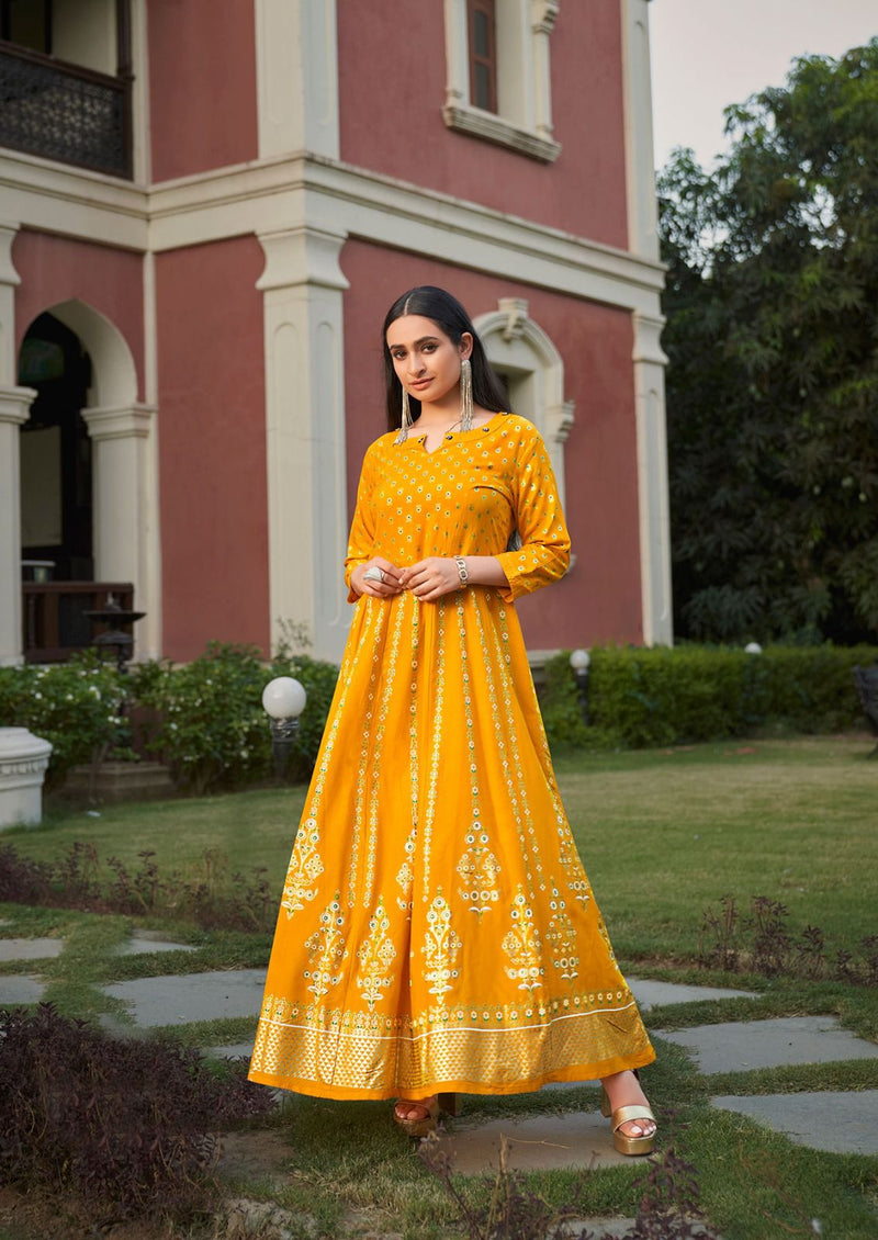 Vitara Fashion Rangmanch Rayon Foil Print Designer Fancy Gowns