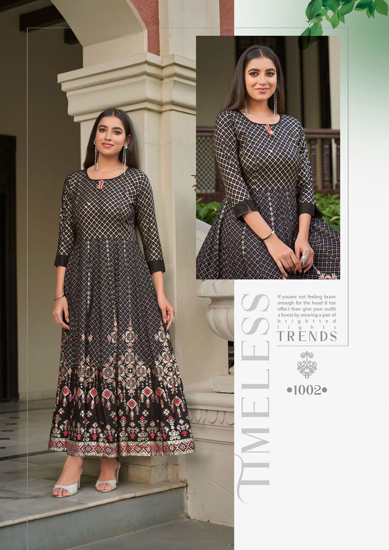 Vitara Fashion Rangmanch Rayon Foil Print Designer Fancy Gowns