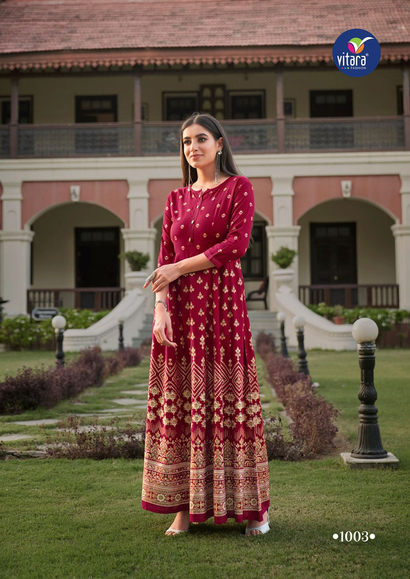 Vitara Fashion Rangmanch Rayon Foil Print Designer Fancy Gowns