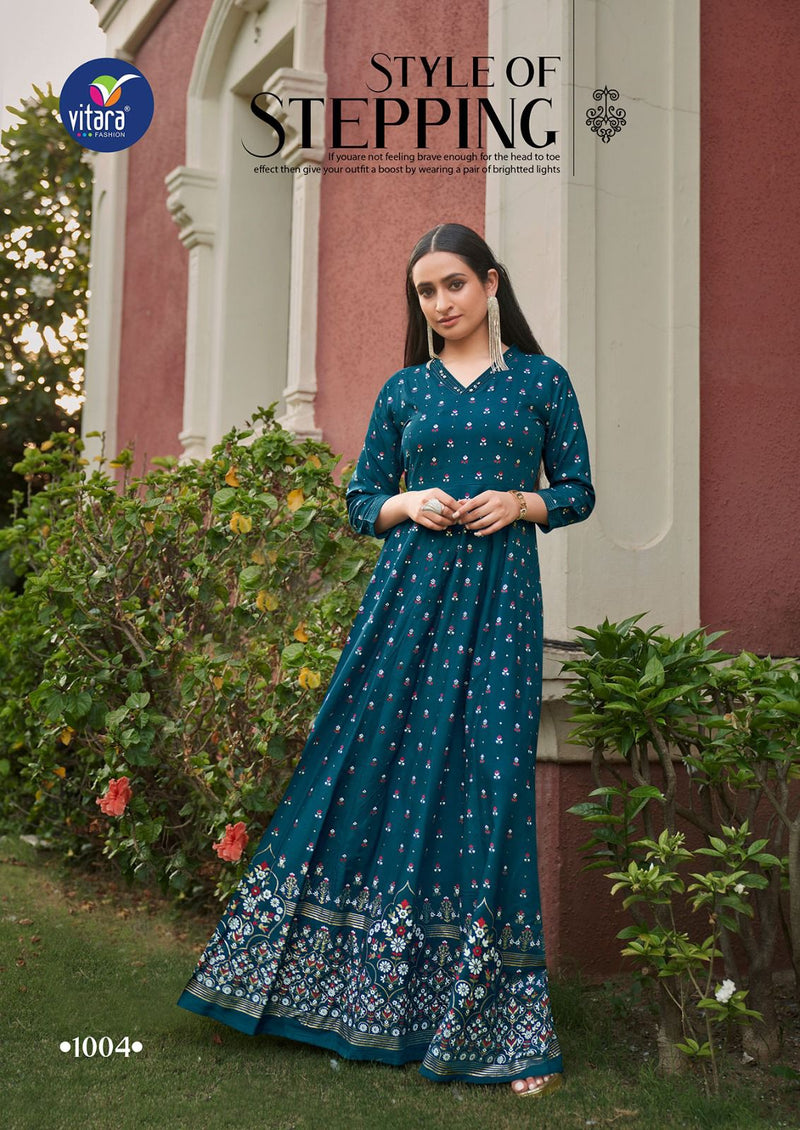 Vitara Fashion Rangmanch Rayon Foil Print Designer Fancy Gowns