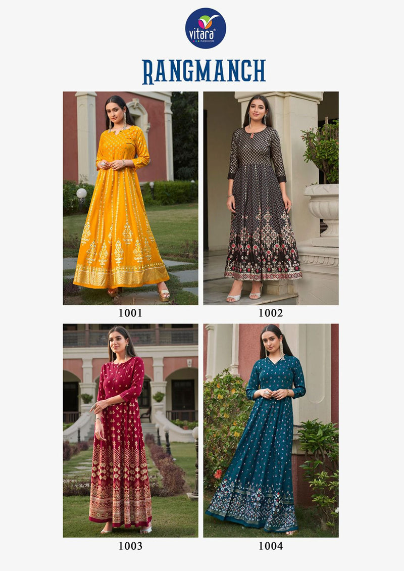 Vitara Fashion Rangmanch Rayon Foil Print Designer Fancy Gowns