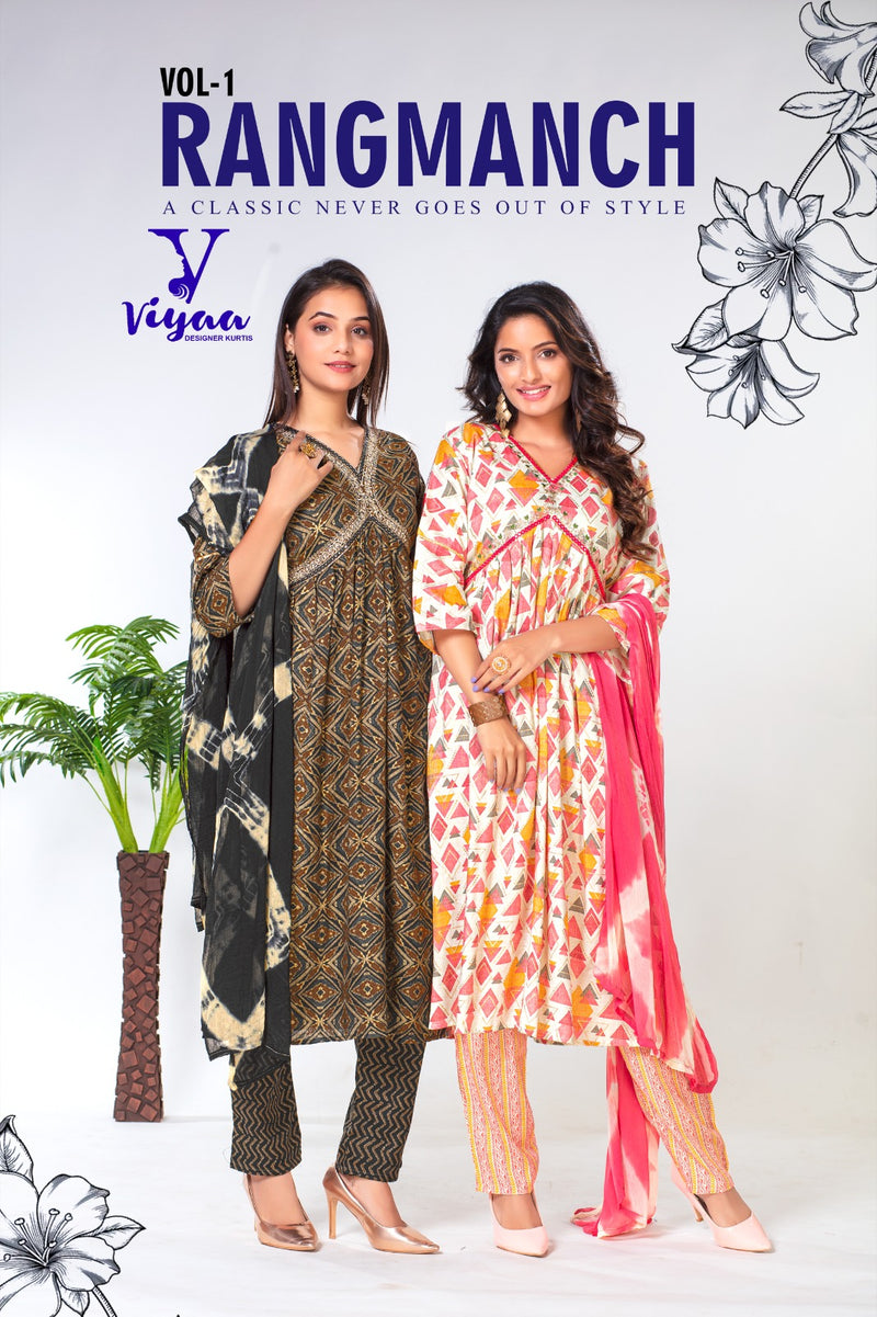 Viyaa Designer Rangmanch Rayon Capsul Foil Print Designer Alia Pattern Kurti Pant With Dupatta Set
